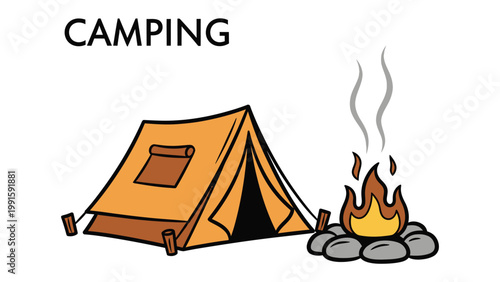 Camping scene: A vibrant illustration showcasing a tent and a warm campfire. It's a picturesque scene, perfect for outdoor enthusiasts, families, and those seeking adventure. 