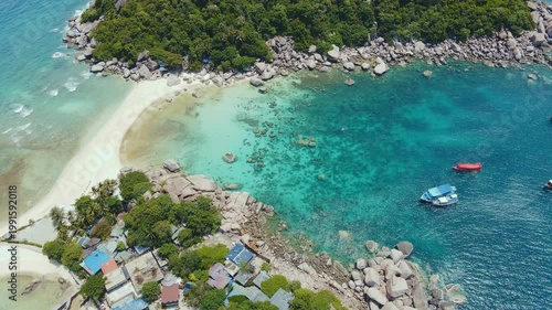 Small Fishing Dwellings Along Rocky Shoreline. Lively Maritime Scene With Palmfringed Bays And Boats