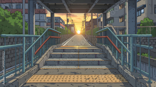 A Serene Urban Landscape: Capturing the Tranquility of Sunset at a City Staircase Surrounded by Modern Architecture and Lush Greenery