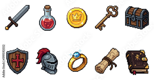 A collection of 10 pixel art icons representing fantasy game items like a sword, potion, coin, key, chest, shield, helmet, ring, scroll, and book on a white background.
