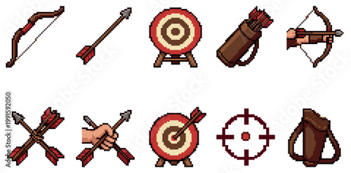 A collection of pixel art illustrations featuring archery equipment including bows, arrows, quivers, and targets, in a retro gaming style.