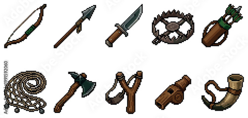 A collection of pixel art items representing survival tools such as a bow, spear, knife, trap, quiver, rope, axe, slingshot, horn, and cannon on a white background.