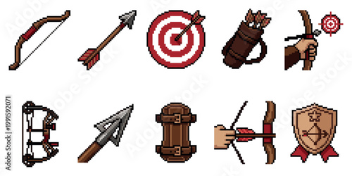 A collection of pixel art icons depicting archery equipment including bows, arrows, targets, quivers, and a shield, rendered in a retro digital style.