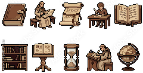 A collection of pixel art icons depicting medieval monks, books, scrolls, an hourglass, and a globe, perfect for historical or educational projects.