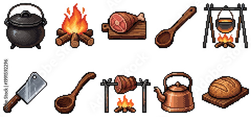 A collection of pixel art icons depicting various food and cooking elements, including a cauldron over a fire, a roast ham, utensils, and a loaf of bread.