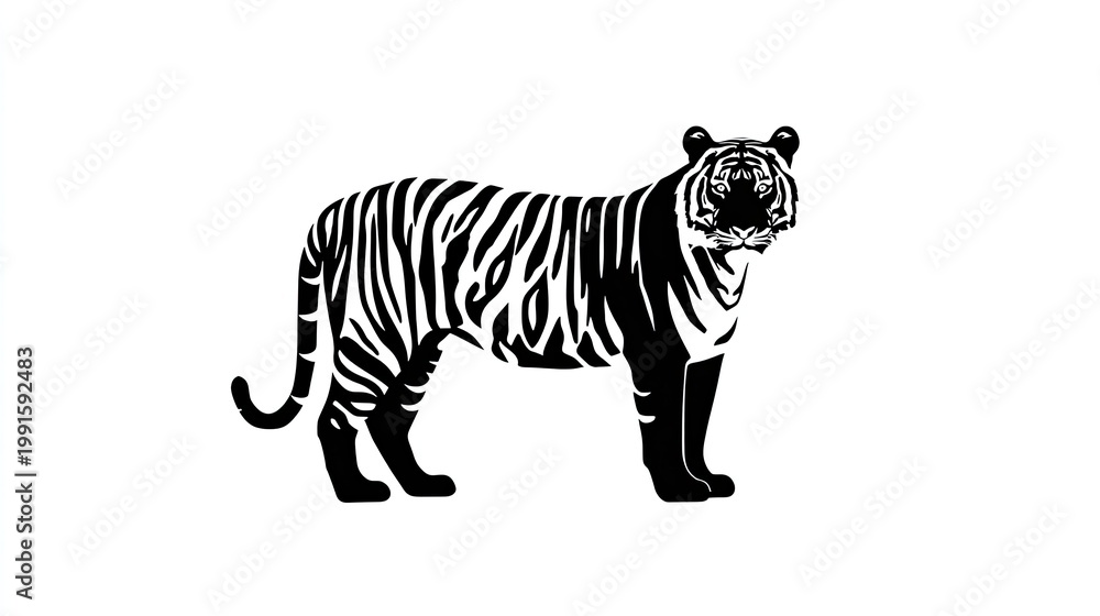 Obraz premium Stylized black and white illustration of a large feline predator standing in profile view