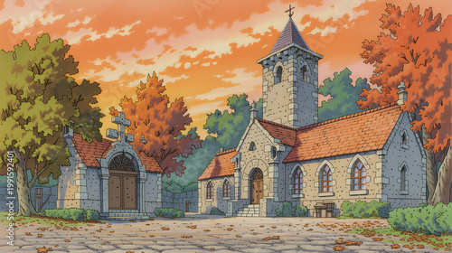 Captivating Sunset Over a Quaint Stone Church Surrounded by Autumn Foliage in a Charming Landscape, Perfect for Tranquil Reflections on Nature and Heritage.