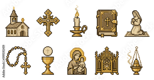 A collection of pixel art icons depicting religious objects like a church, cross, rosary, chalice, and incense burner, in a warm golden and brown palette.