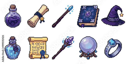 A collection of pixel art fantasy items including potions, scrolls, wands, a spellbook, wizard hat, crystal ball, and a magic ring.