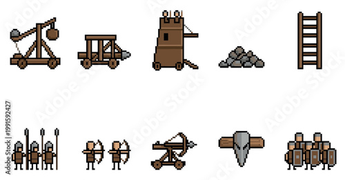 A collection of pixel art graphics depicting medieval siege weapons, soldiers, and combat gear, perfect for game development and historical design projects.