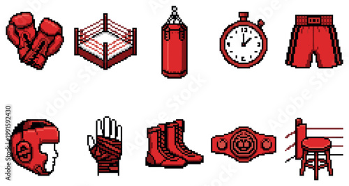 A vibrant collection of pixel art boxing equipment in red, featuring gloves, ring, bag, stopwatch, shorts, headgear, hand wraps, boots, belt, and stool.