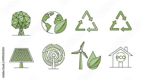 Eco-Friendly Icons: A collection of environmentally conscious icons showcases sustainability concepts, including recycling symbols, solar panels, and wind turbines.