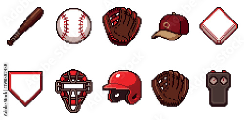 A collection of pixel art icons representing baseball equipment like a bat, ball, glove, cap, and bases, set against a clean white background.