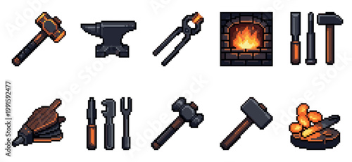 A collection of pixel art icons featuring blacksmith tools such as hammers, anvils, tongs, a forge with flames, bellows, chisels, and glowing hot metal.