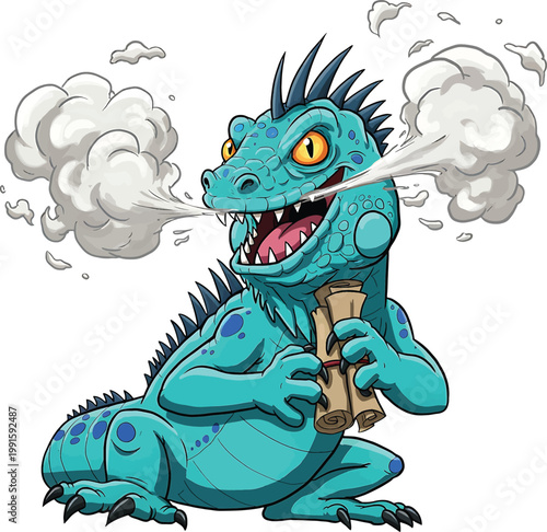 Cartoon blue iguana lizard character with yellow eyes holding a rolled parchment scroll and exhaling thick white steam clouds from its nostrils isolated on a white background