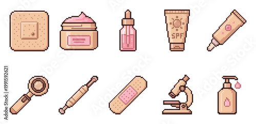A collection of pixel art icons representing medical and cosmetic items like band aids, creams, serums, a microscope and a pump bottle.