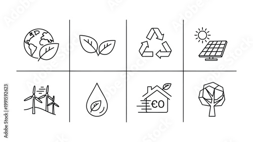 Eco-Friendly Symbols: A collection of symbolic graphics representing essential elements of eco-friendliness and sustainability.