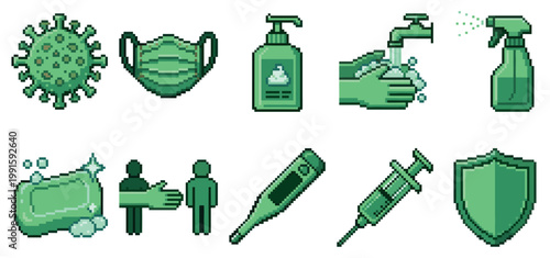 Collection of pixel art icons representing Covid 19 prevention and safety measures like masks, hand washing, and social distancing, in shades of green.