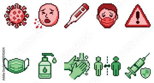 A collection of pixel art icons depicting health and safety measures against Covid, including virus, sickness, hygiene, and protection.