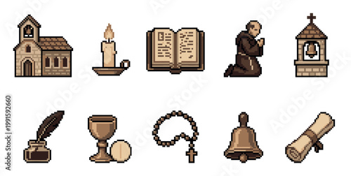 A pixel art collection of religious icons including a church, praying monk, rosary, chalice, bible, and candle, ideal for games or historical themes.