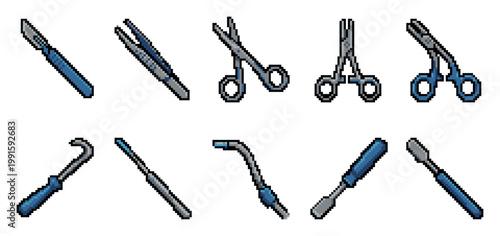 A collection of pixel art medical surgical instruments including scalpels, forceps, scissors, and retractors, displayed against a clean white background.
