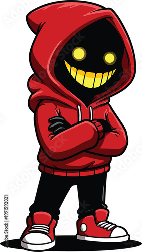 Cartoon character wearing a red hoodie with a black face glowing yellow eyes and a wide toothy grin standing with arms crossed in a defiant pose