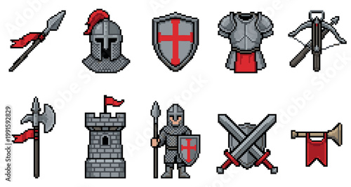 This pixel art collection features a medieval knight's gear including armor, weapons, and a castle, ideal for games or historical illustrations.