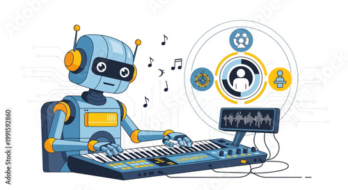A friendly robot playing a digital synthesizer keyboard creating music.