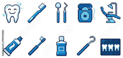This pixel art illustration features a collection of blue dental care icons, including a smiling tooth, toothbrush, dental tools, floss, and an X-ray.