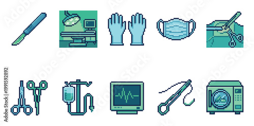 A collection of pixel art icons representing various medical and surgical equipment, rendered in a palette of blue and green tones.