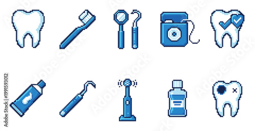 A collection of pixel art icons representing various dental care tools and concepts, including teeth, toothbrush, floss, and dental instruments in shades of blue and white.