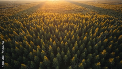 Golden light over endless pine forests nature landscape aerial view tranquil environment serenity concept
