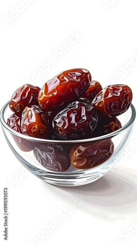 Dried Medjool Dates Illustration In Transparent Glass Bowl Isolated On White Background With Soft Shadow Realistic Food Vector Art