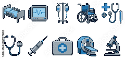A pixel art collection of various medical equipment icons including a hospital bed, monitor, IV drip, wheelchair, and more, rendered in a cool blue palette.
