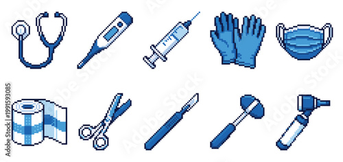 A charming pixel art collection featuring essential medical instruments in various shades of blue against a clean white background, ideal for digital design and health-related content.
