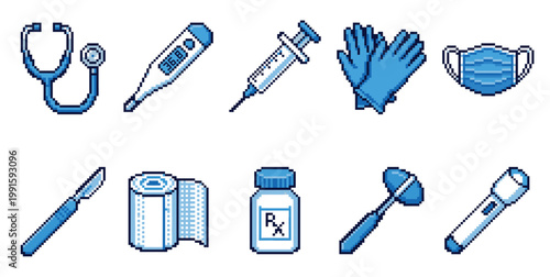 A collection of ten pixel art medical icons featuring a stethoscope, thermometer, syringe, gloves, mask, scalpel, bandage, prescription bottle, reflex hammer, and flashlight.