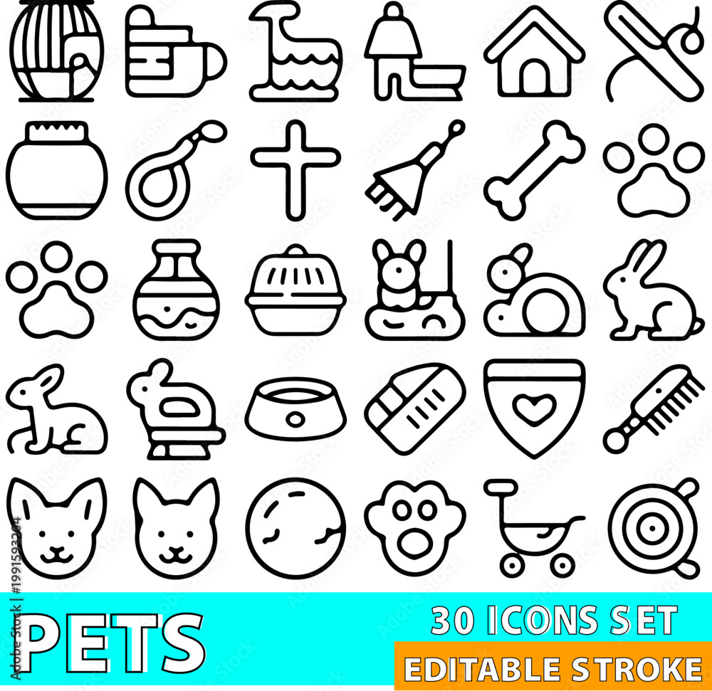 Fototapeta premium Pets icons display a collection of animal care supplies and companion creatures in a symmetrical grid using precise black strokes against a white background for versatile veterinary or pet store.