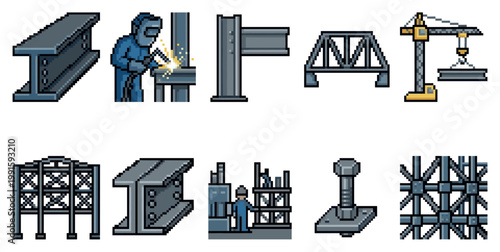 A collection of pixel art elements depicting construction and industrial themes, including steel beams, a welder, a crane, and structural components.