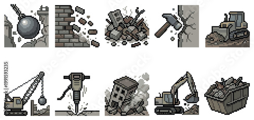 A collection of pixel art icons depicting various construction demolition scenes and equipment, rendered in a muted color palette.
