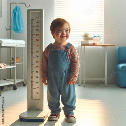 Child with Down Syndrome Standing on Digital Scale Full Body