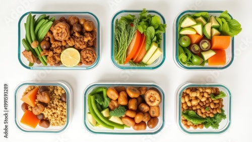 Healthy meal prep ideas kitchen food photography organized bird's eye view nutritious lifestyle choices