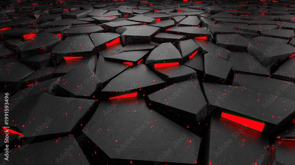Fototapeta premium Dark textured surface breaks apart revealing intense glowing fissures underneath
