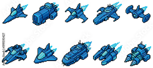 Collection of ten unique blue pixel art spaceships and starfighters with glowing engines in a white background.