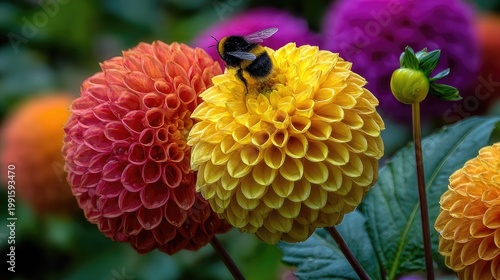 Close up photograph captures fuzzy insect collecting nectar from vibrant yellow ball shaped bloom