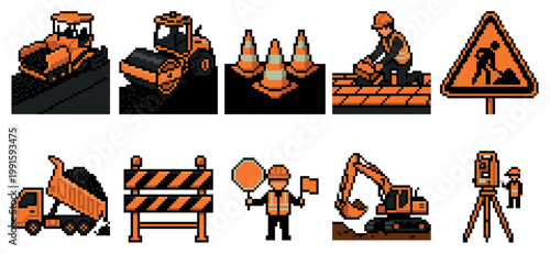 A pixel art collection of construction icons featuring vehicles, workers, safety equipment, and surveying tools in orange and black tones.