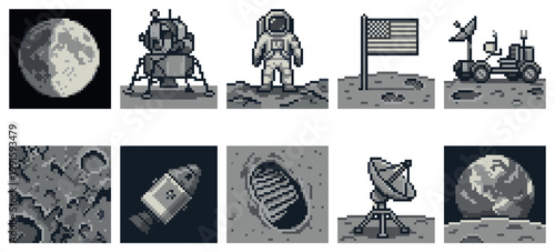 A collection of pixel art icons depicting space exploration elements like the moon, astronauts, rockets, and lunar vehicles in a grayscale palette.