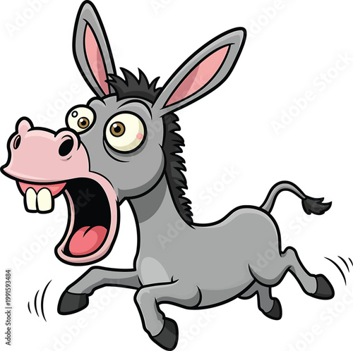 Cartoon donkey with wide eyes and open mouth running with a surprised expression in a flat style mule
