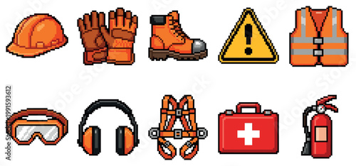 A collection of pixel art icons representing various safety equipment, including a hard hat, gloves, boots, safety vest, and more, set against a white background.