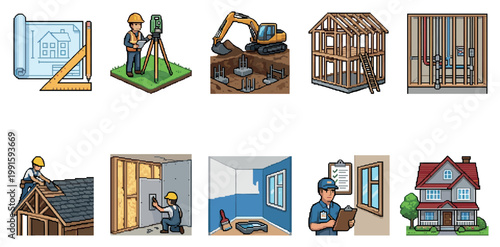 A pixel art illustration depicts the complete building process from initial planning and surveying to excavation, framing, plumbing, roofing, interior finishing, and the final house.