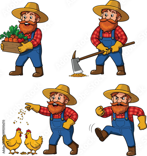 Cartoon farmer character set with red beard wearing straw hat plaid shirt and blue overalls holding vegetable crate using hoe feeding chickens and walking angrily